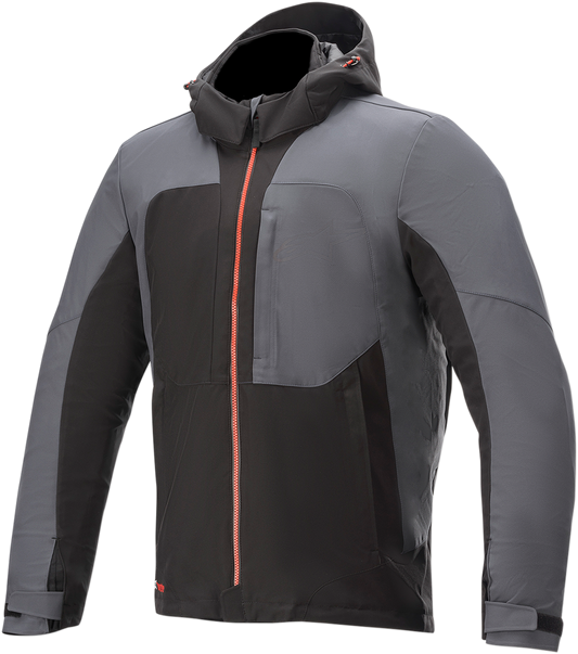 Alpinestars Stratos v2 Techshell Drystar jacket in black, gray, and red, 4XL size, displayed on a hanger.