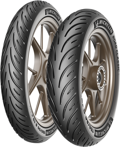 Michelin Road Classic rear motorcycle tire 130/80B18 66V with tread pattern, mounted on wheel for vintage motorcycle riding.