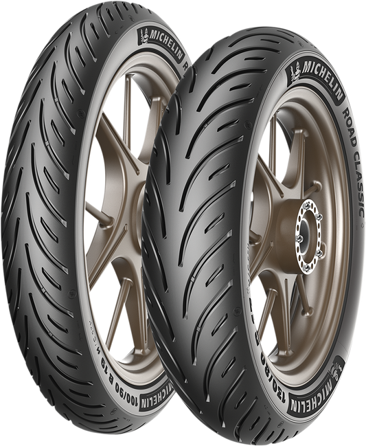 Michelin Road Classic rear motorcycle tire 130/70B17 with 62H rating, featuring tread pattern and sidewall details.