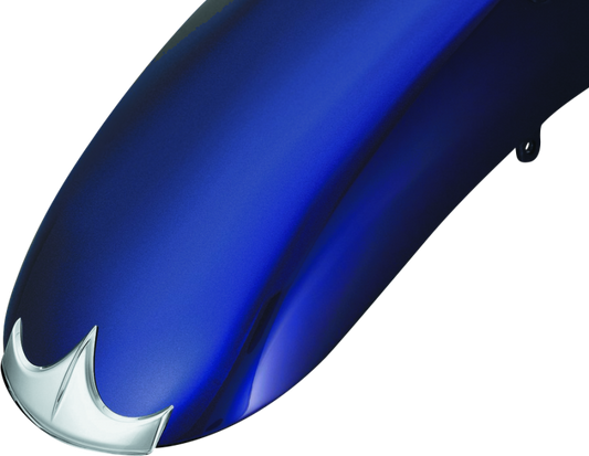 Chrome front fender tip for Indian motorcycles by Kuryakyn, showcasing a sleek, shiny accessory part for motorcycle customization.