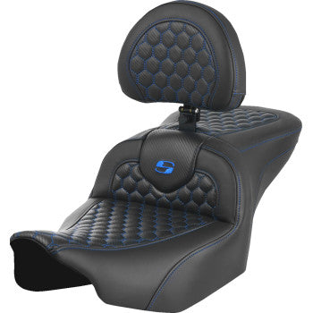 Bill's Exhausts SADDLEMEN Roadsofa seat with backrest, honeycomb design, blue stitching for FLTR/FLHX 2023-2024 motorcycles