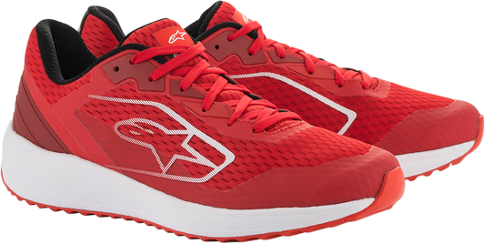 Alpinestars Meta shoes in red and white, US 11.5, featuring sporty design and branding, shown from a side angle.