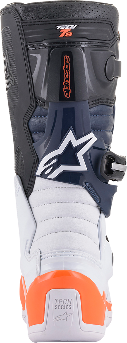 Alpinestars Youth Tech 7S motocross boots in black, orange, and white with protective features, US size 6.