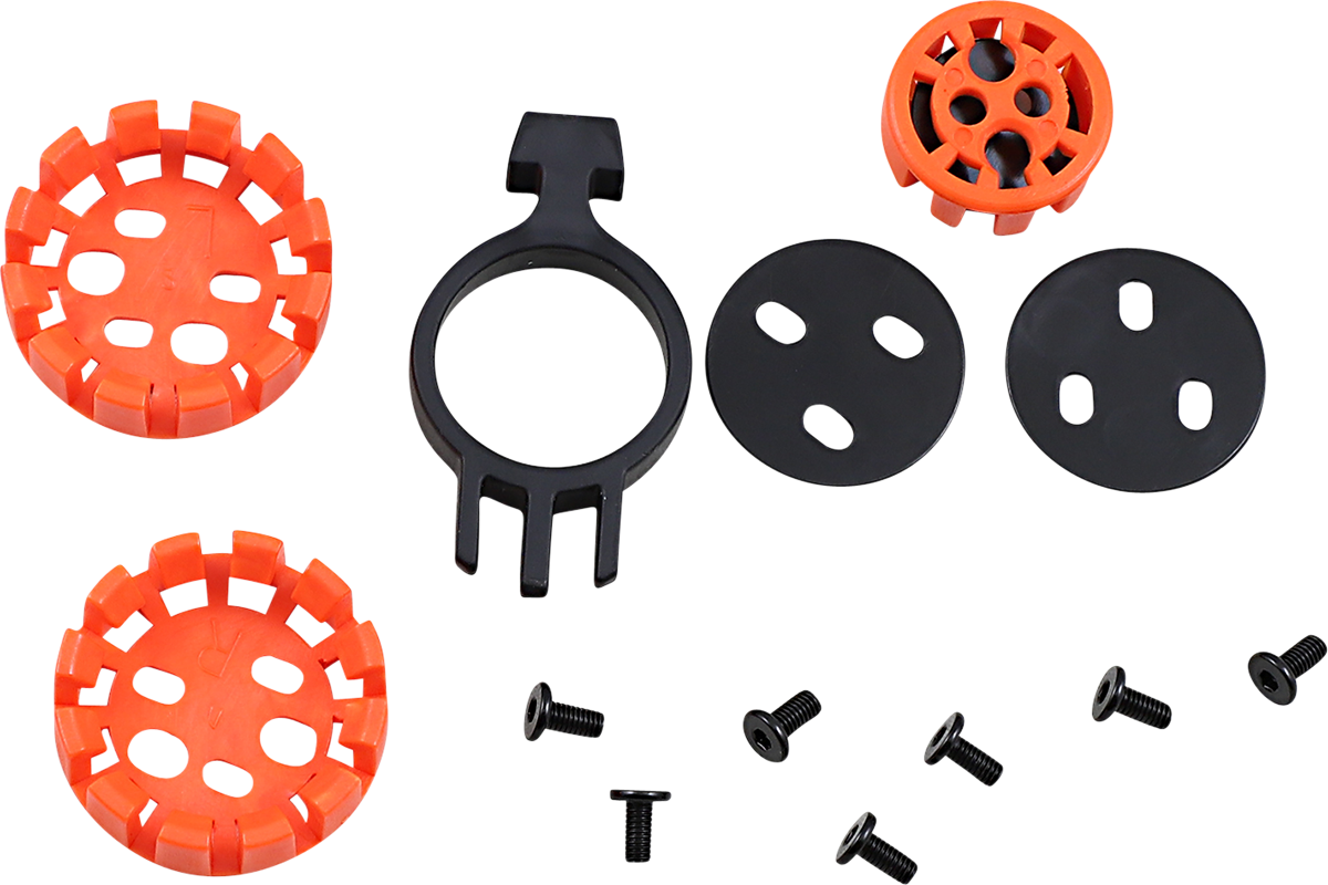 Alpinestars visor connector kit for motorcycle helmets, shown with mounting components and screws for helmet part replacement.