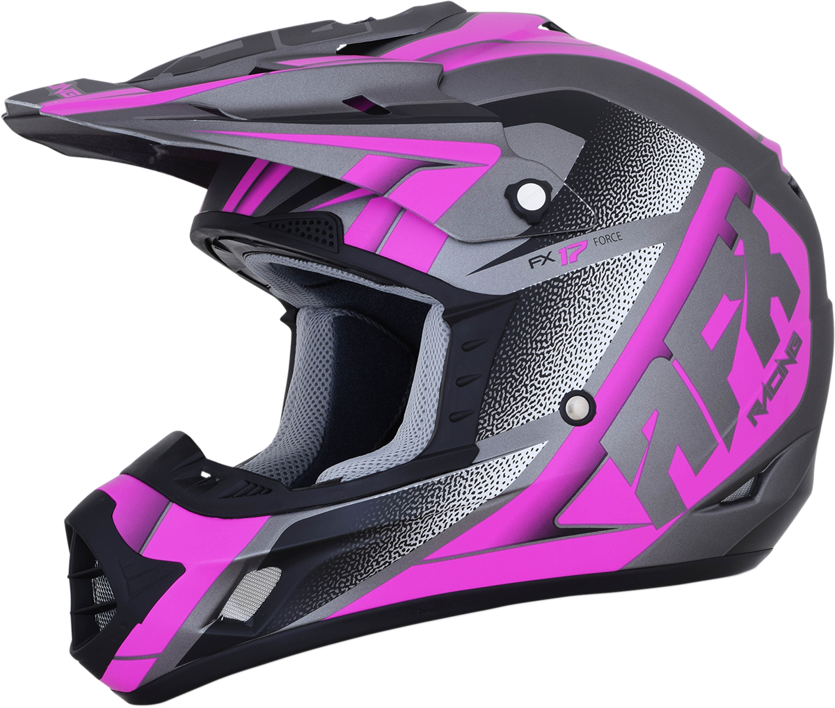 Bill's Exhausts AFX FX-17 Force helmet in frost gray and fuchsia, medium size, with aerodynamic design and clear visor.