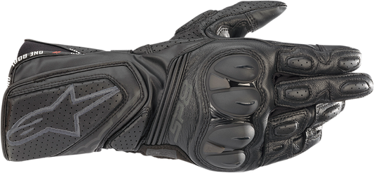 Alpinestars SP-8 V3 motorcycle gloves in black, small size, featuring detailed padding and grip textures.
