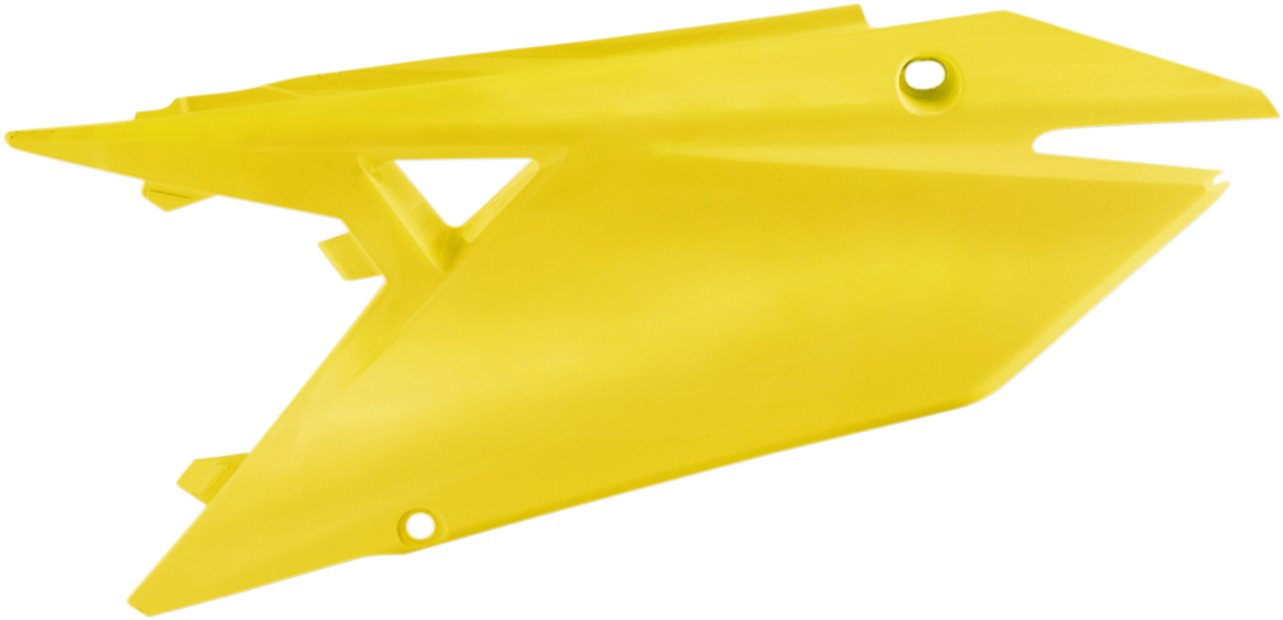 Acerbis yellow body side panels for motorcycle, featuring bold yellow design and mounting points, compatible with specific models.