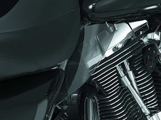 Kuryakyn Saddle Shields Heat Deflectors in smoke for Harley Davidson Touring models 1997-2007, showing the dark smoked finish and mounting area.
