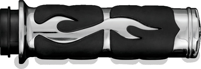 Kuryakyn ISO Flame grips for motorcycles with chrome finish, stylish and durable handlebar accessories for power sports bikes.