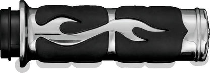 Kuryakyn ISO Flame grips for motorcycles with chrome finish, stylish and durable handlebar accessories for power sports bikes.