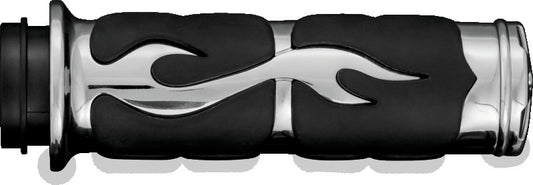 Kuryakyn ISO Flame grips for motorcycles with chrome finish, stylish and durable handlebar accessories for power sports bikes.