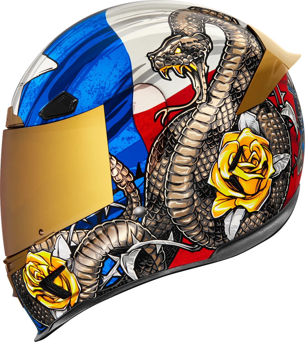 Icon Airframe Pro helmet in Tejas Libre Glory design with XL size, featuring a sleek motorcycle helmet with bold graphics.