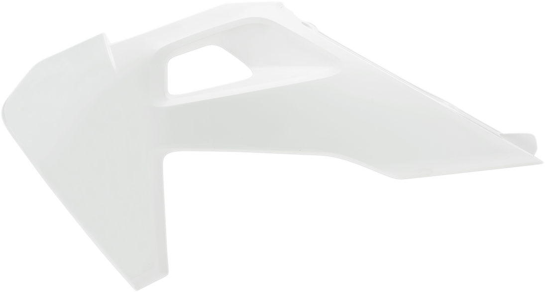 Acerbis OEM white radiator shroud for motorcycle, body part with mounting details, branded by Bill's Exhausts.