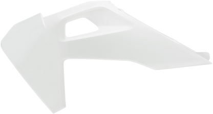 Acerbis OEM white radiator shroud for motorcycle, body part with mounting details, branded by Bill's Exhausts.