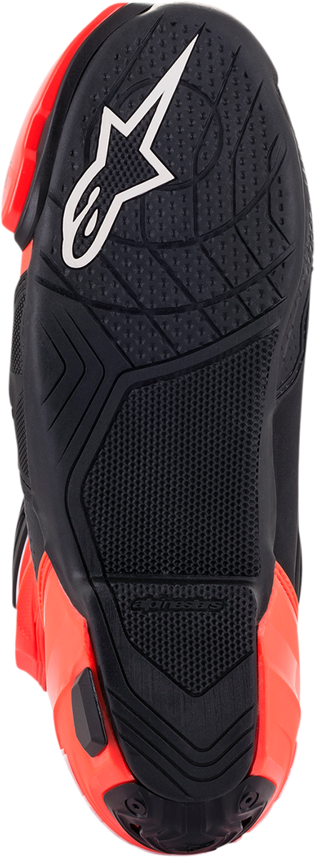 Alpinestars Supertech V motorcycle racing boots in black, fluo red, and white, size US 6 / EU 39, with protective design details.