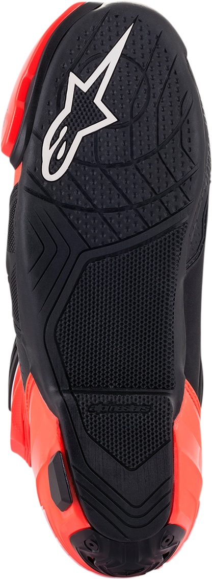 Alpinestars Supertech V motorcycle racing boots in black, fluo red, and white, size US 6 / EU 39, with protective design details.