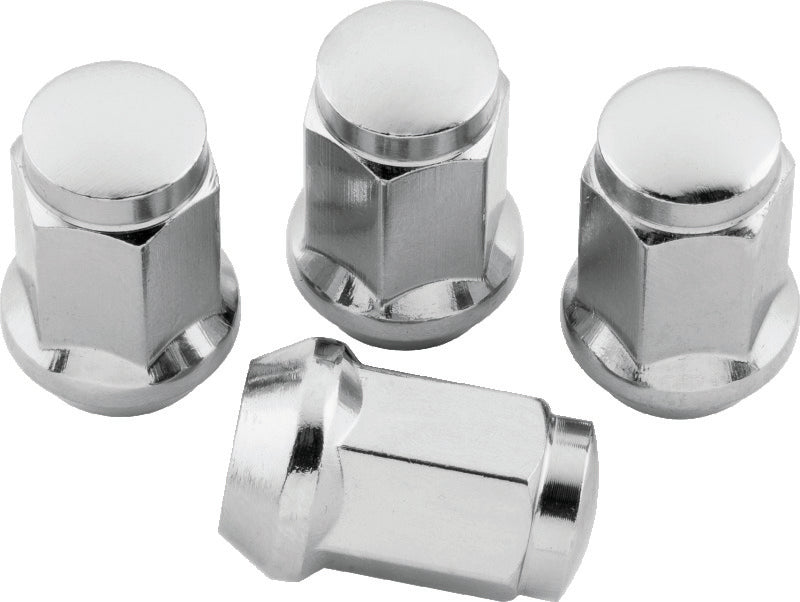 Set of four QuadBoss lug nuts with 12x1.50 thread size and 17mm outer diameter for vehicle wheel compatibility.