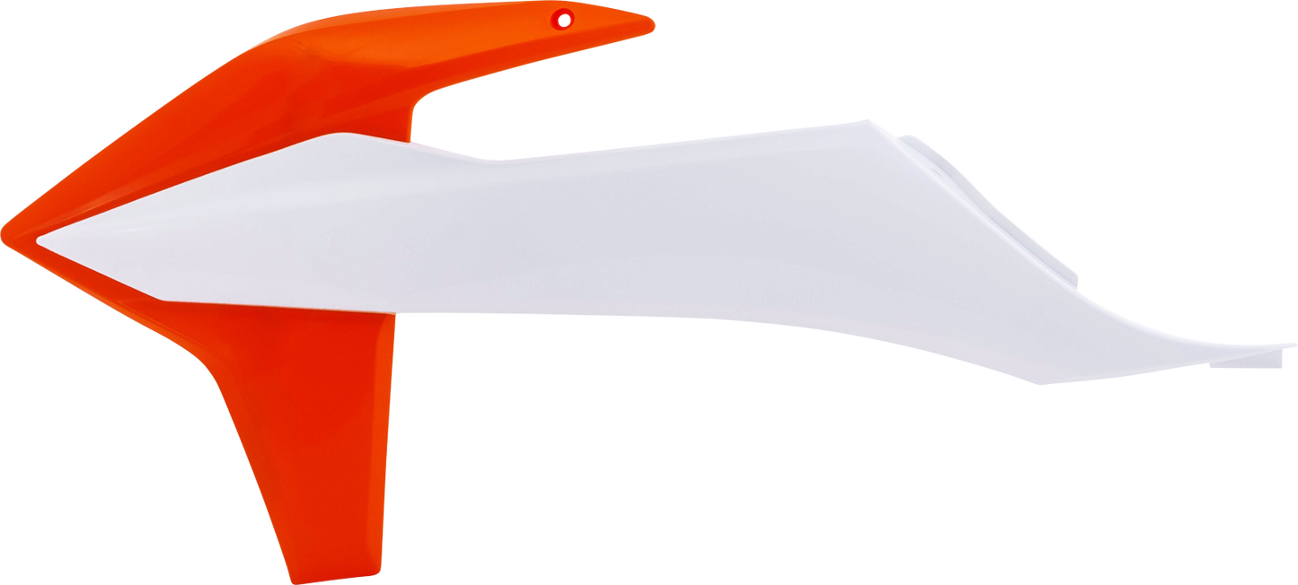 Acerbis radiator shroud in OEM orange and white for motorcycle body protection, displayed on a plain background.