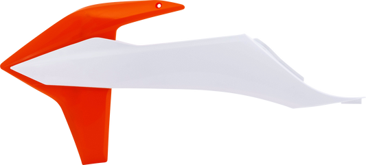 Acerbis radiator shroud in OEM orange and white for motorcycle body protection, displayed on a plain background.