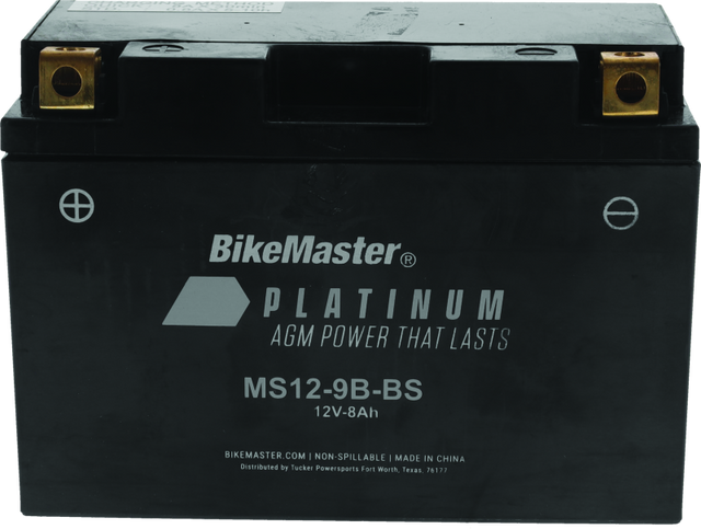BikeMaster AGM battery MS12-9B-BS with compact design and terminal posts, suitable for motorcycle or powersport vehicle use.