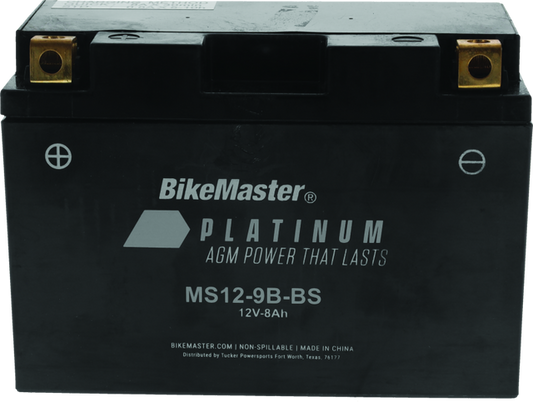 BikeMaster AGM battery MS12-9B-BS with compact design and terminal posts, suitable for motorcycle or powersport vehicle use.
