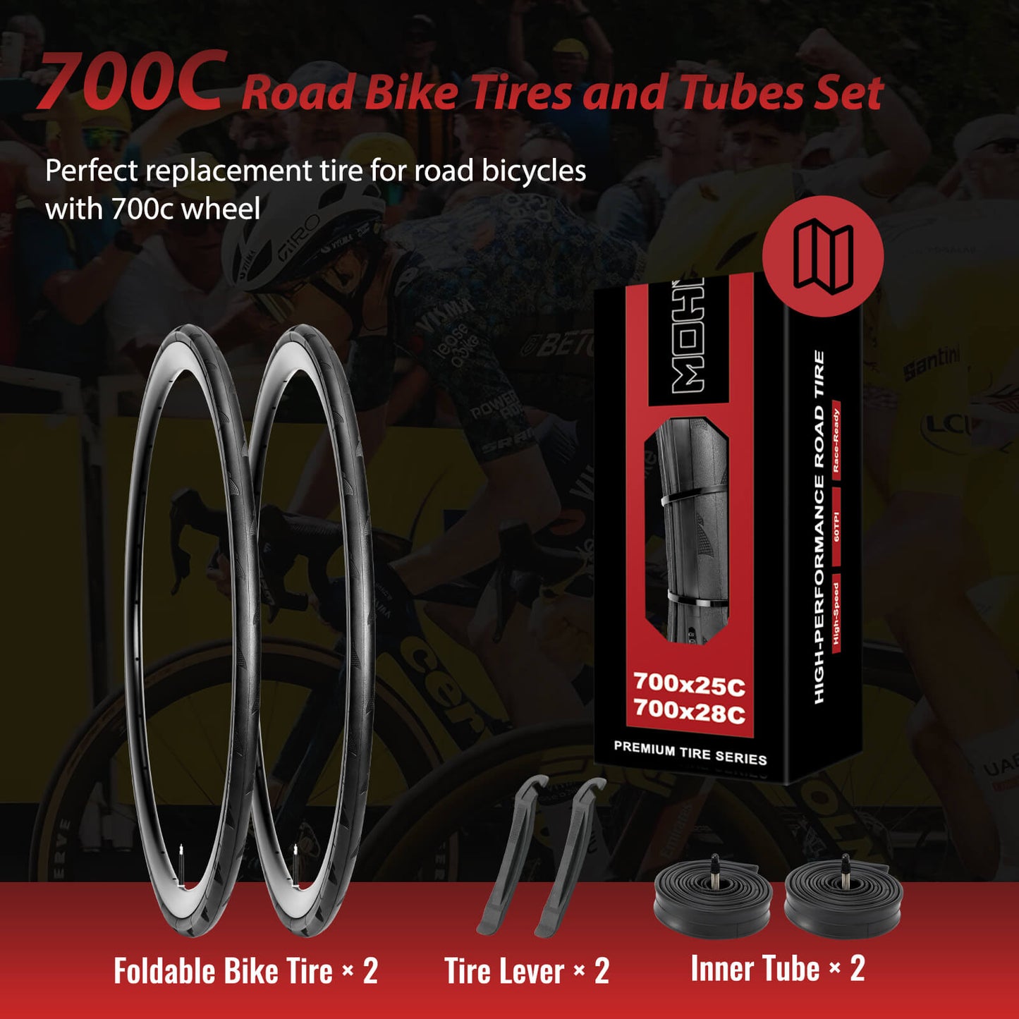 Hycline P-Wave 700×25C road bike tire with smooth tread and black rubber sidewalls, designed for high-performance cycling.