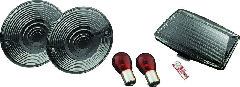 Kuryakyn rear smoke lens kit for Harley Davidson motorcycles, showcasing the tinted LED lens and mounting hardware.