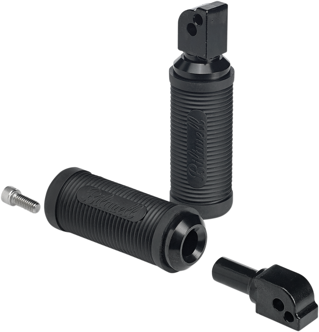Black BILT WELL Norman passenger foot pegs for Softail motorcycles, featuring a sturdy body design and installation hardware.