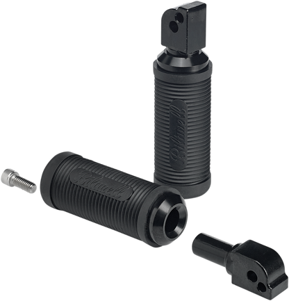 Black BILT WELL Norman passenger foot pegs for Softail motorcycles, featuring a sturdy body design and installation hardware.