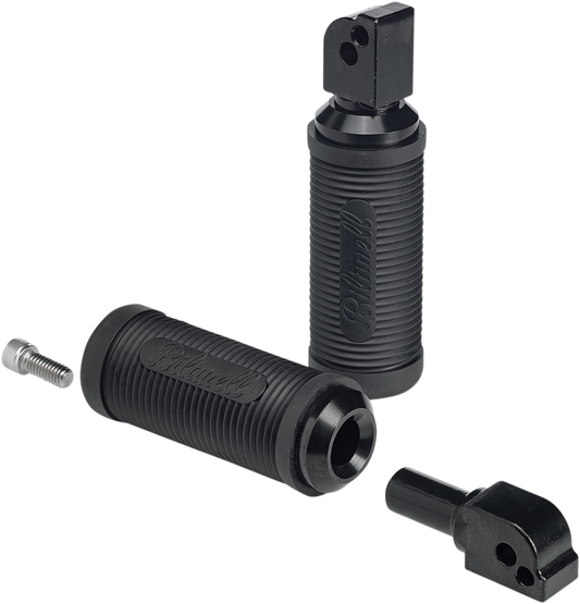 Black BILT WELL Norman passenger foot pegs for Softail motorcycles, featuring a sturdy body design and installation hardware.