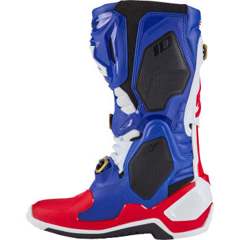 Alpinestars Union Tech 10 motorcycle boots in red, white, and blue with black soles, US size 11, featuring protective design details.