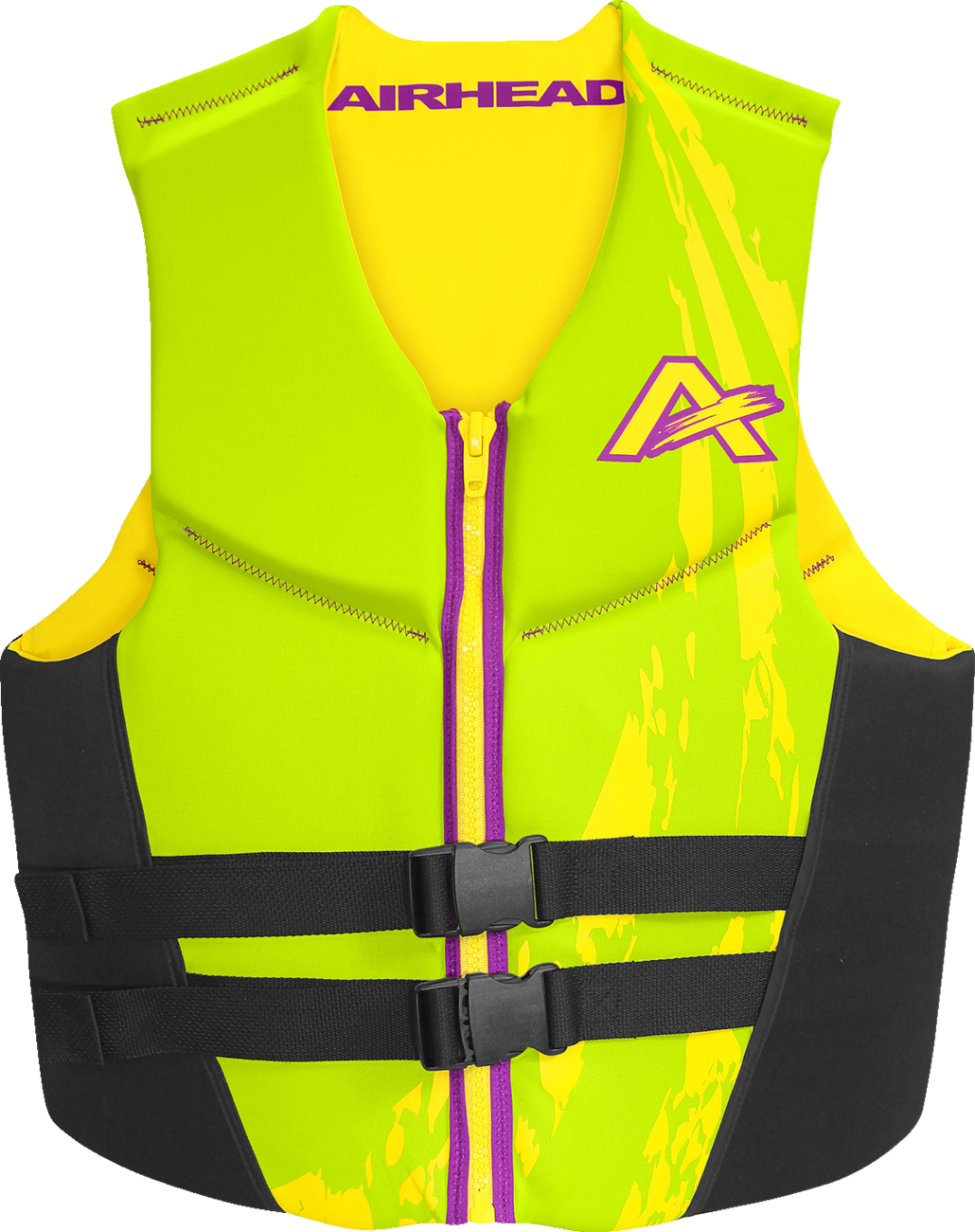 Green AIRHEAD SPORTS GROUP Swoosh water vest in XL size, featuring adjustable straps and breathable material for water sports.