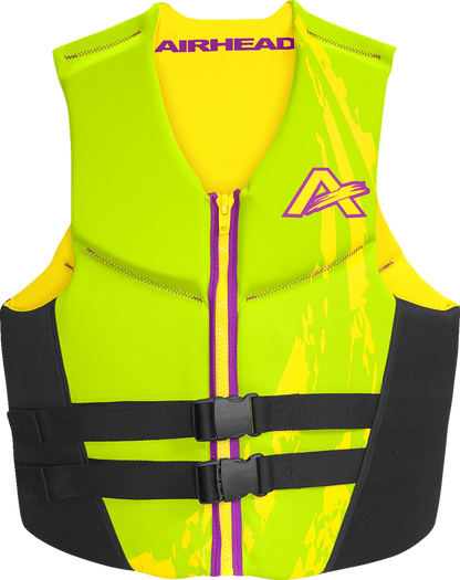 Green AIRHEAD SPORTS GROUP Swoosh water vest in XL size, featuring adjustable straps and breathable material for water sports.