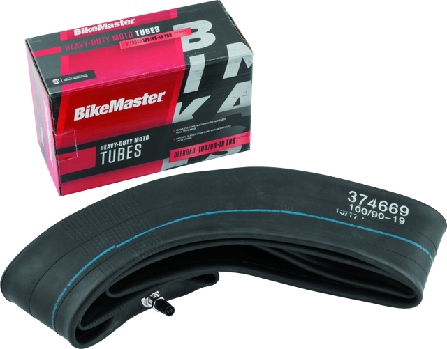 BikeMaster 100/90-19 TR6 heavy-duty inner tube for motorcycle tires, shown in the image with valve stem and packaging.
