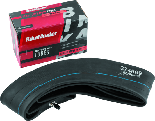 BikeMaster 100/90-19 TR6 heavy-duty inner tube for motorcycle tires, shown in the image with valve stem and packaging.