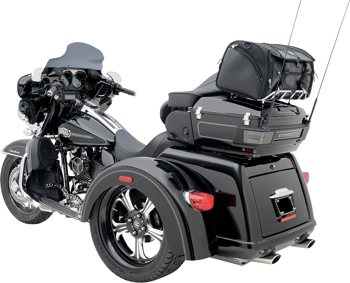 Bill's Exhausts SADDLEMEN TR3300DE Deluxe Rack Bag mounted on motorcycle seat, featuring durable design and ample storage space.
