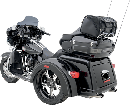 Bill's Exhausts SADDLEMEN TR3300DE Deluxe Rack Bag mounted on motorcycle seat, featuring durable design and ample storage space.