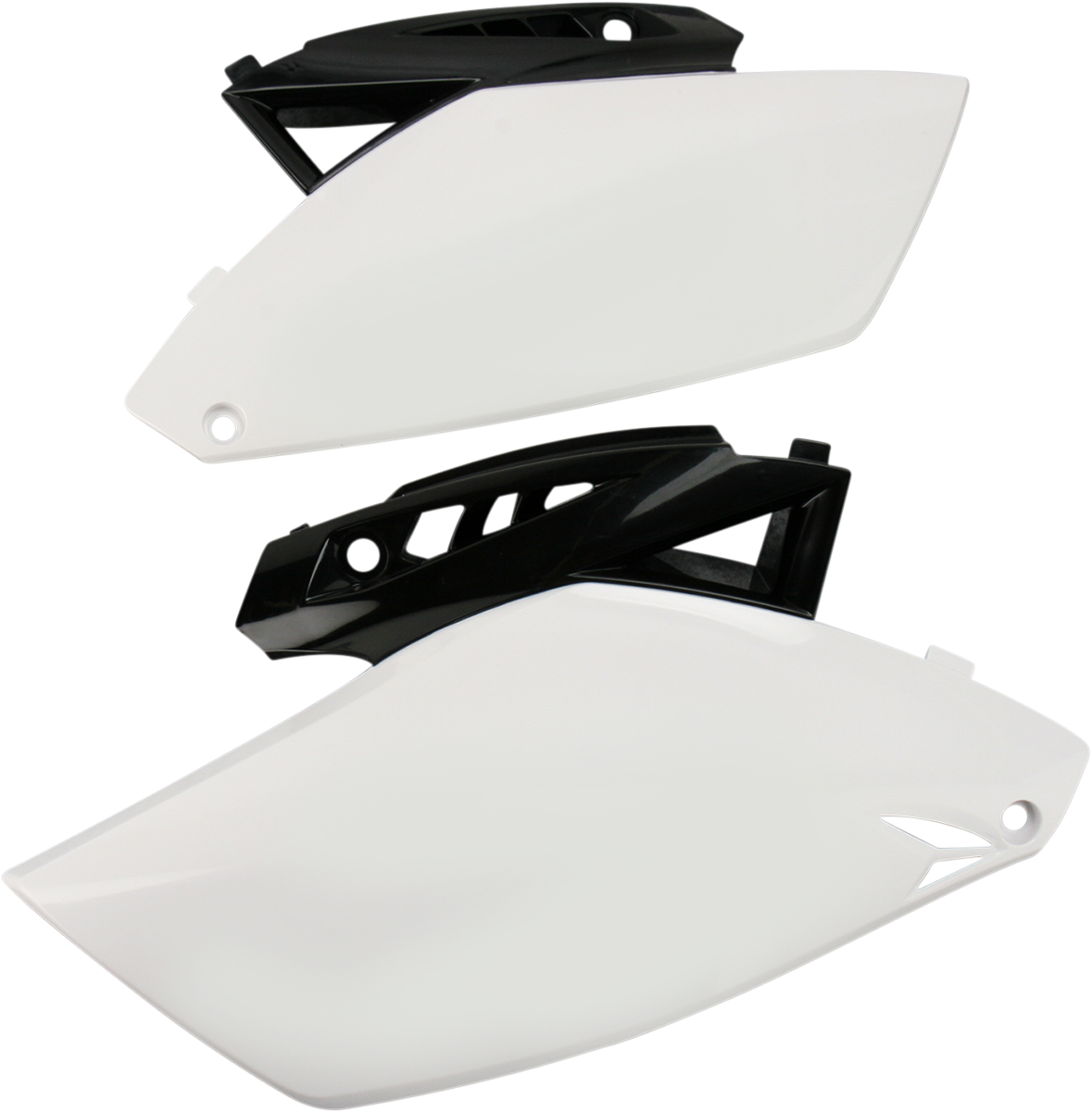 Acerbis white and black side panels for motorcycle body, with detailed view of the Bill's Exhausts branding and design.