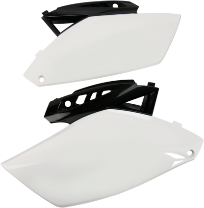 Acerbis white and black side panels for motorcycle body, with detailed view of the Bill's Exhausts branding and design.