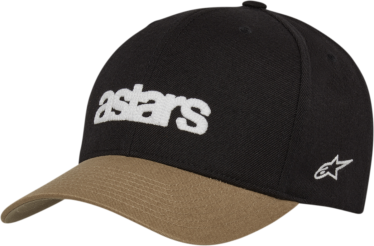 Black and sand Alpinstars History Hat, one size, with embroidered logo, casual style, and adjustable strap.