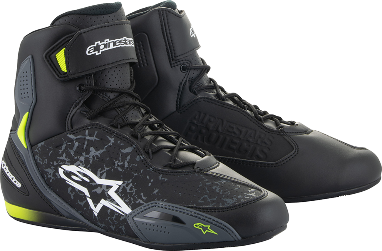 Alpinestars Faster-3 black and yellow motorcycle shoes with US 13 size, featuring durable design and sporty appearance.
