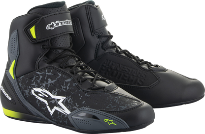 Alpinestars Faster-3 black and yellow motorcycle shoes with US 13 size, featuring durable design and sporty appearance.