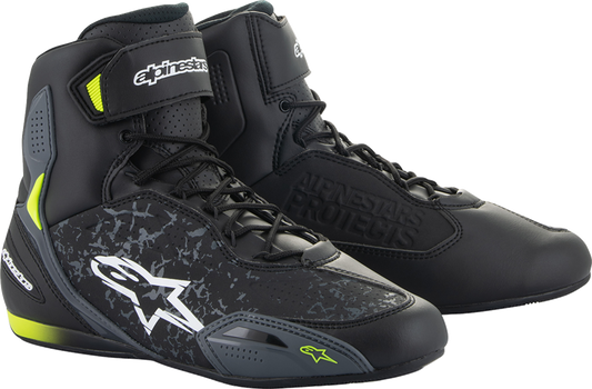 Alpinestars Faster-3 black and yellow riding shoes with reinforced soles and sporty design, US size 10, made by Bill's Exhausts.