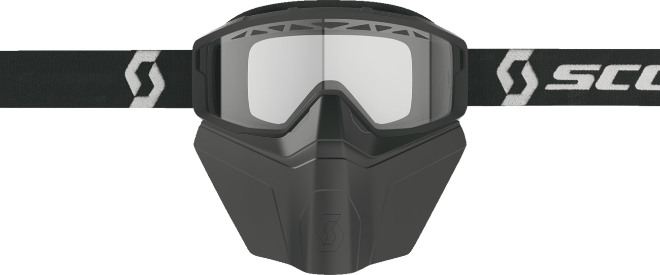 Scott Primal Safari snow goggles with black and white frame and clear lens, featuring a comfortable strap and protective design.
