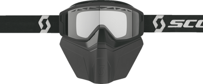 Scott Primal Safari snow goggles with black and white frame and clear lens, featuring a comfortable strap and protective design.