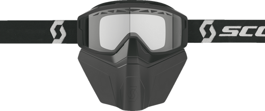 Scott Primal Safari snow goggles with black and white frame and clear lens, featuring a comfortable strap and protective design.