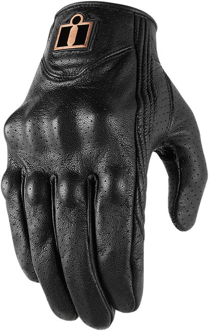 Black ICON Pursuit Classic™ perforated gloves in medium size, showcasing breathable design and textured grip for motorcycling.