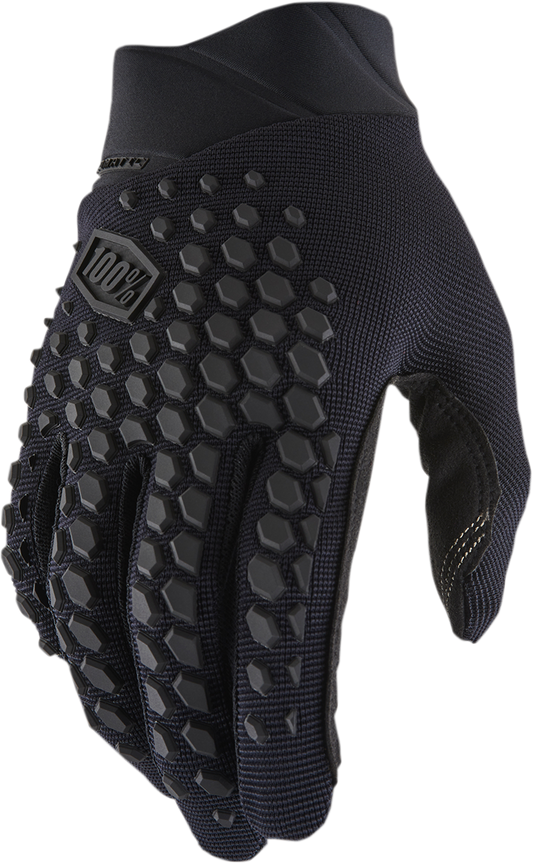 Bill's Exhausts 100% Geomatic gloves in black and charcoal, medium size, showing the textured fabric and secure wrist design.