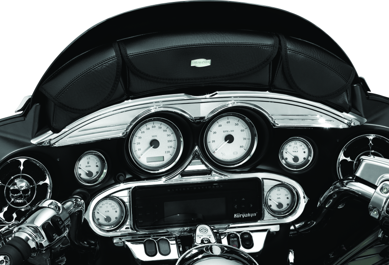Kuryakyn Switch Panel Accent Chrome for Harley Davidson Touring models, showing shiny chrome finish and detailed design.