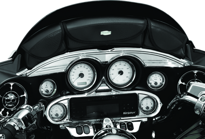 Kuryakyn Switch Panel Accent Chrome for Harley Davidson Touring models, showing shiny chrome finish and detailed design.